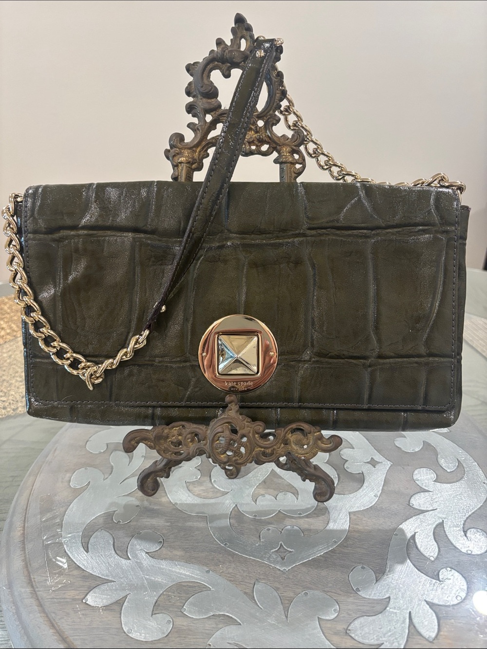 kate spade Croc-Embossed Chain shoulder bag/clutch with Gold-Tone Hardware